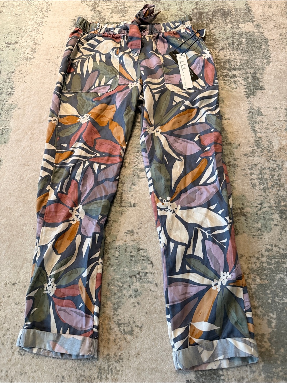 Nicole Miller New York Pastel Floral Lyocell Pants — Blue, Pink & Cream, Size S